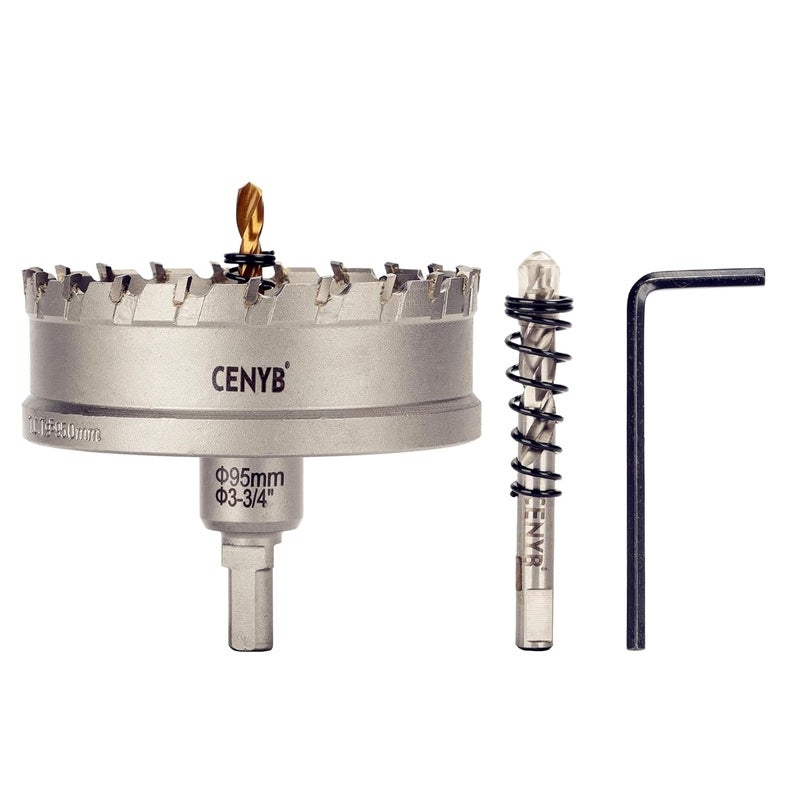 cenyb 3-3/4" (95mm) Tungsten Carbide Tipped Hole Saw with 2Pcs Titanium-Plated Pilot Drill Bits for Hard Metal,Stainless Steel,Iron,Aluminum Alloy,Wood and Plastic - Image 1
